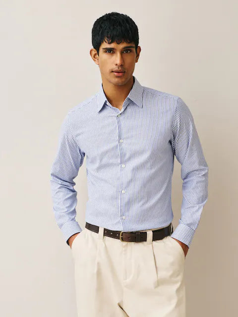 Navy Stripe Slim Fit Cotton Stretch Long Sleeve Formal Shirt