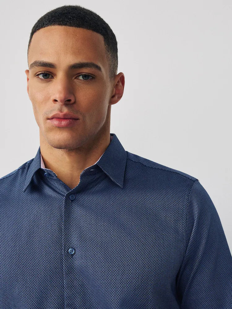 Sapphire Blue Regular Fit Cotton Textured Slim Fit Long Sleeve Formal Shirt With Trim