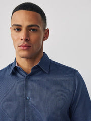 Sapphire Blue Regular Fit Cotton Textured Slim Fit Long Sleeve Formal Shirt With Trim