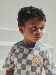 Blue/White Checkerboard Sun Short Sleeve All-Over Print T-Shirt (3 Month-7 Years) (3mths-7yrs)