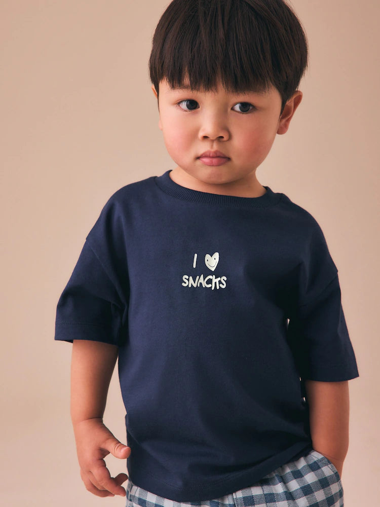 Navy Blue I love snacks Slogan Short Sleeve Small Graphic T-Shirt (3mths-8yrs)