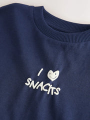 Navy Blue I love snacks Slogan Short Sleeve Small Graphic T-Shirt (3mths-8yrs)