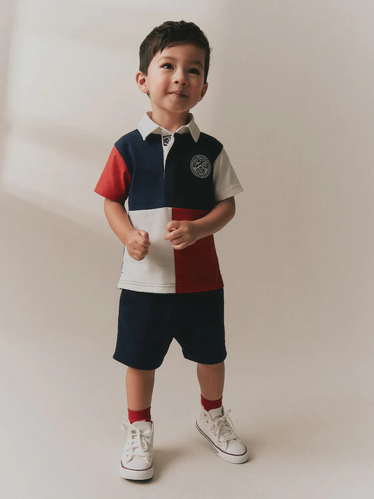 Red/Blue/Green Colourblock Short Sleeve Polo Shirt and Shorts Set (3mths-7yrs)