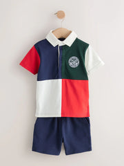 Red/Blue/Green Colourblock Short Sleeve Polo Shirt and Shorts Set (3mths-7yrs)
