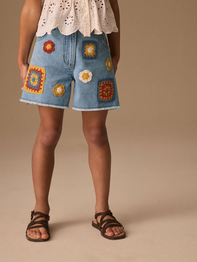 Mid Blue Denim Crochet Applique Crochet Denim Shorts (3-16yrs)