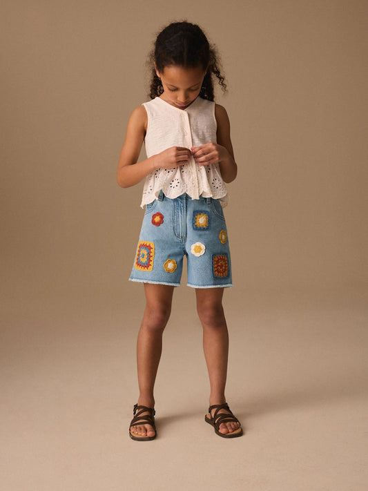 Mid Blue Denim Crochet Applique Crochet Denim Shorts (3-16yrs)