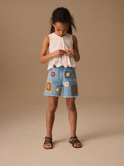 Mid Blue Denim Crochet Applique Crochet Denim Shorts (3-16yrs)