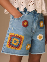 Mid Blue Denim Crochet Applique Crochet Denim Shorts (3-16yrs)