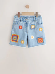 Mid Blue Denim Crochet Applique Crochet Denim Shorts (3-16yrs)