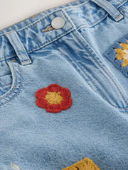 Mid Blue Denim Crochet Applique Crochet Denim Shorts (3-16yrs)