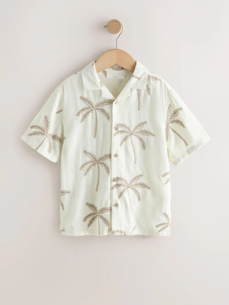Ecru Palm Embroidery Short Sleeve Revere Collar Shirt (3-16yrs)