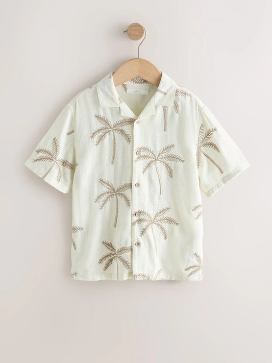 Ecru Palm Embroidery Short Sleeve Revere Collar Shirt (3-16yrs)