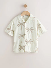 Ecru Palm Embroidery Short Sleeve Revere Collar Shirt (3-16yrs)