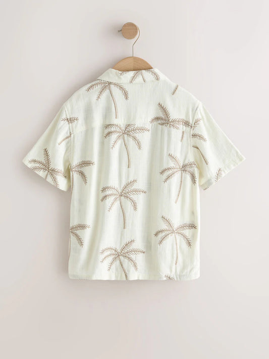 Ecru Palm Embroidery Short Sleeve Revere Collar Shirt (3-16yrs)