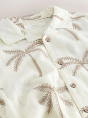 Ecru Palm Embroidery Short Sleeve Revere Collar Shirt (3-16yrs)