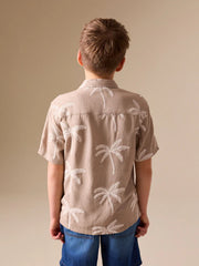 Taupe Brown Palm Embroidery Short Sleeve Revere Collar Shirt (3-16yrs)
