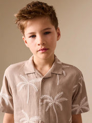 Taupe Brown Palm Embroidery Short Sleeve Revere Collar Shirt (3-16yrs)