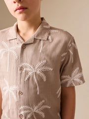 Taupe Brown Palm Embroidery Short Sleeve Revere Collar Shirt (3-16yrs)