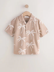 Taupe Brown Palm Embroidery Short Sleeve Revere Collar Shirt (3-16yrs)