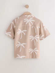Taupe Brown Palm Embroidery Short Sleeve Revere Collar Shirt (3-16yrs)