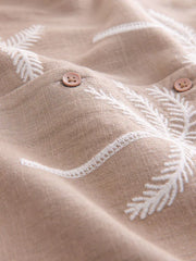 Taupe Brown Palm Embroidery Short Sleeve Revere Collar Shirt (3-16yrs)