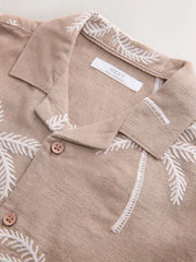 Taupe Brown Palm Embroidery Short Sleeve Revere Collar Shirt (3-16yrs)