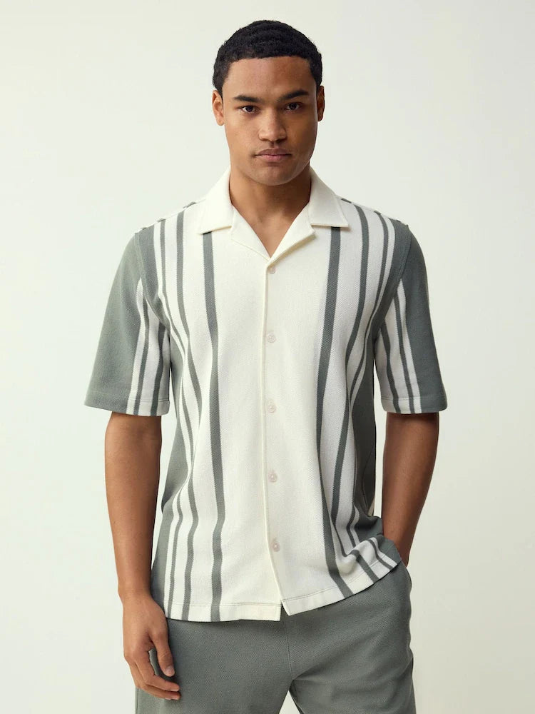 Ecru Sage Green Regular Fit N. Premium Short Sleeve Jersey Stripe Shirt