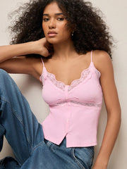 Pink V-Neck Ribbed Lace Trim Vest