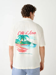 Ecru Cote d' Azur Relaxed Fit Back Print Linen Blend Revere Collar Short Sleeve Shirt