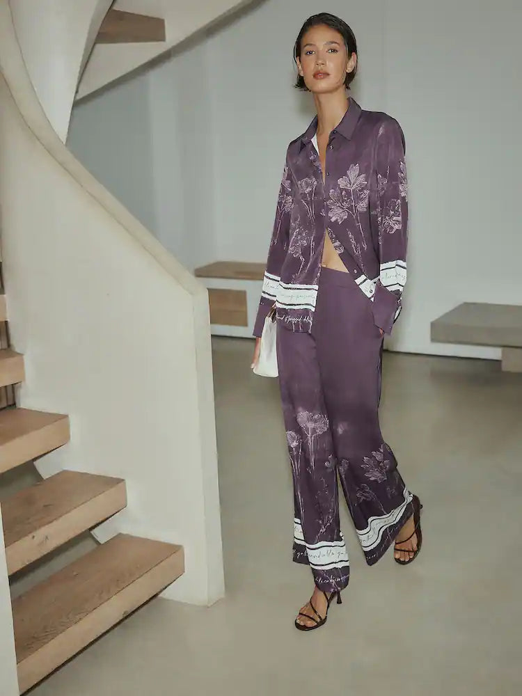 Purple Floral Border Print Elasticated Wide Leg Trousers