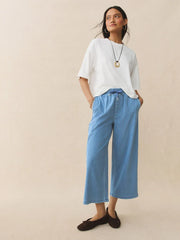 Mid Blue Striped Denim Jersey Wide Leg Cropped Joggers