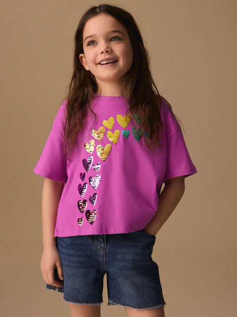 Pink Rainbow Sequin Heart T-Shirt (3-16yrs)