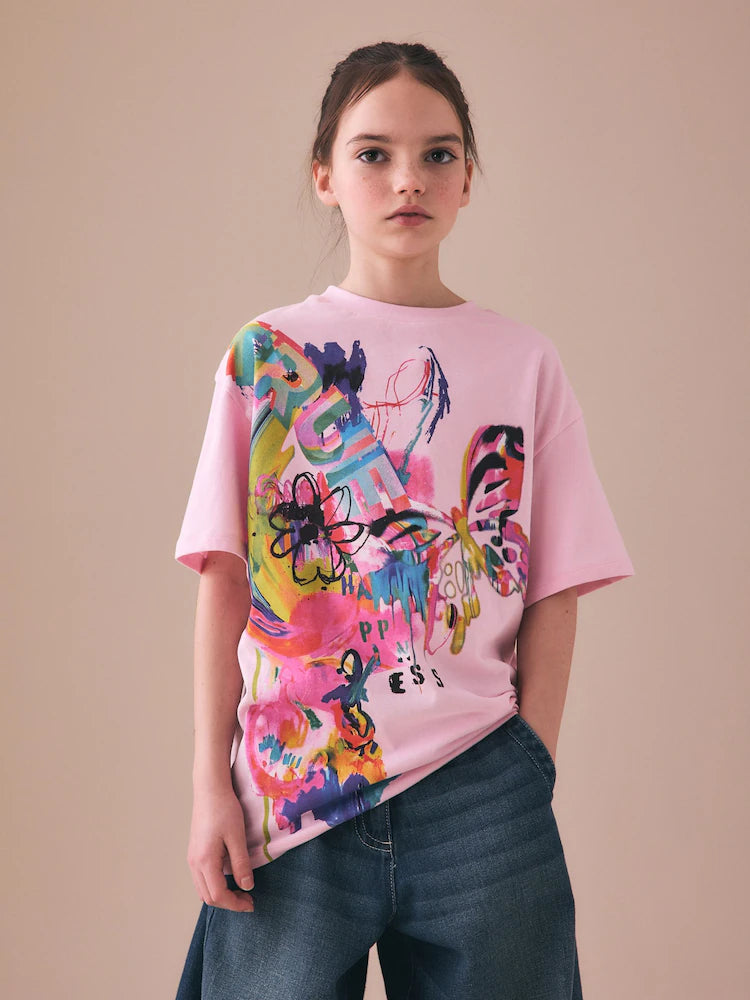 Pink Graffiti Oversized Graphic Print T-Shirt (3-16yrs)