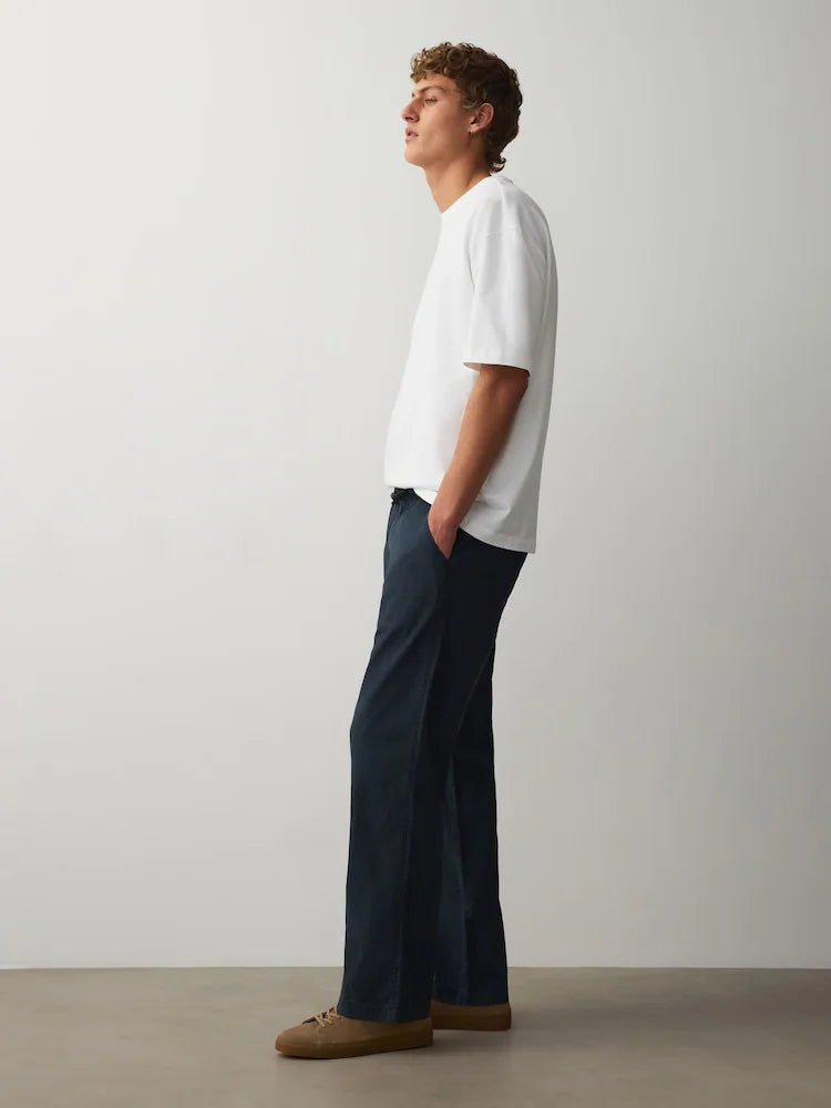 Navy Relaxed Fit Linen Cotton Blend Trousers With Elasticated Waist
