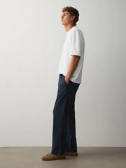 Navy Relaxed Fit Linen Cotton Blend Trousers With Elasticated Waist