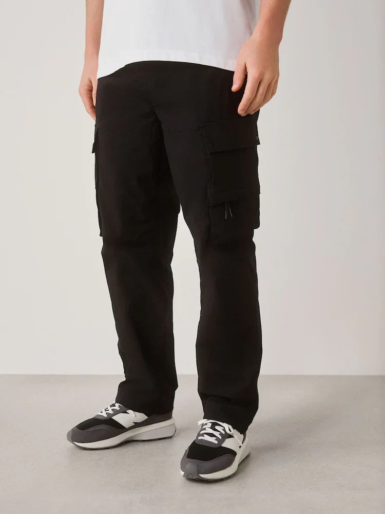 Black Regular Tapered Fit Tech Stretch Utility Cargo Trousers