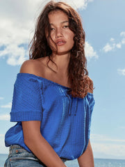 Blue Short Sleeve Bubblehem Scoop Neck T-Shirt