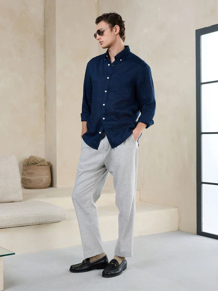 Light Grey Texture Regular Fit N. Premium Smart Linen Cotton Blend Belted Trousers