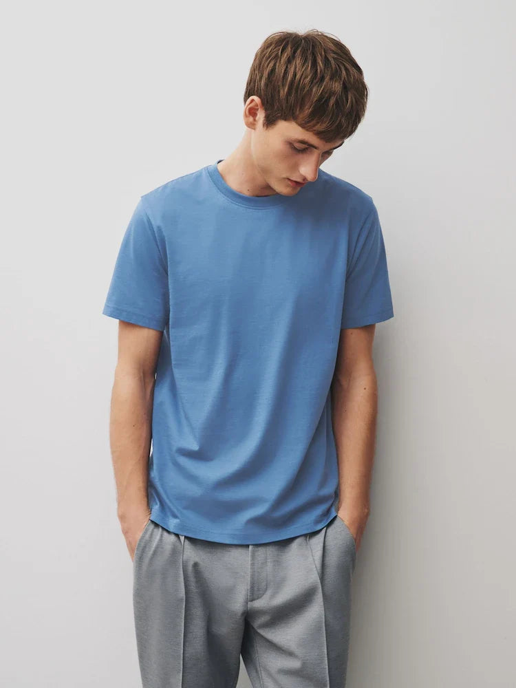 Blue Mid Slim Fit Essential Crew Neck Cotton T-Shirt