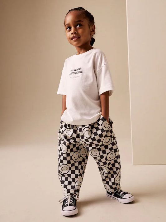 Black/Neutral Happy Face Checkerboard Barrel Pull On Trousers (3mths-7yrs)