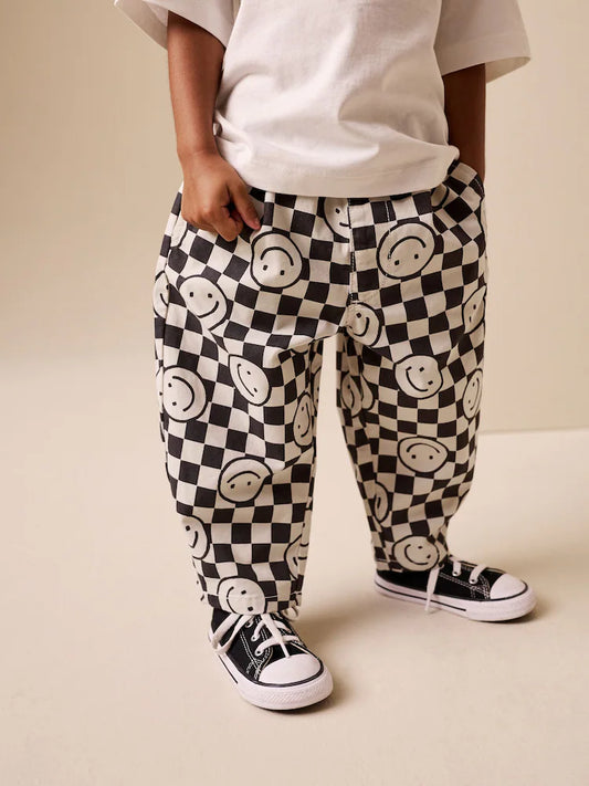 Black/Neutral Happy Face Checkerboard Barrel Pull On Trousers (3mths-7yrs)