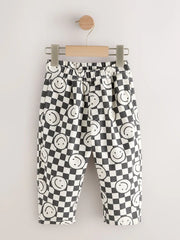 Black/Neutral Happy Face Checkerboard Barrel Pull On Trousers (3mths-7yrs)