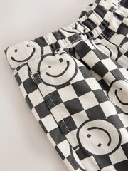 Black/Neutral Happy Face Checkerboard Barrel Pull On Trousers (3mths-7yrs)