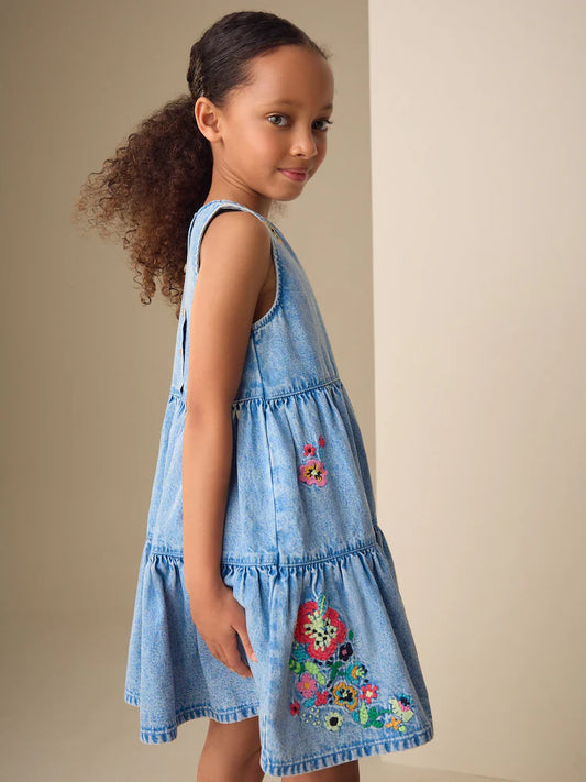 Blue Denim Embroidered Tiered Dress (3-16yrs)
