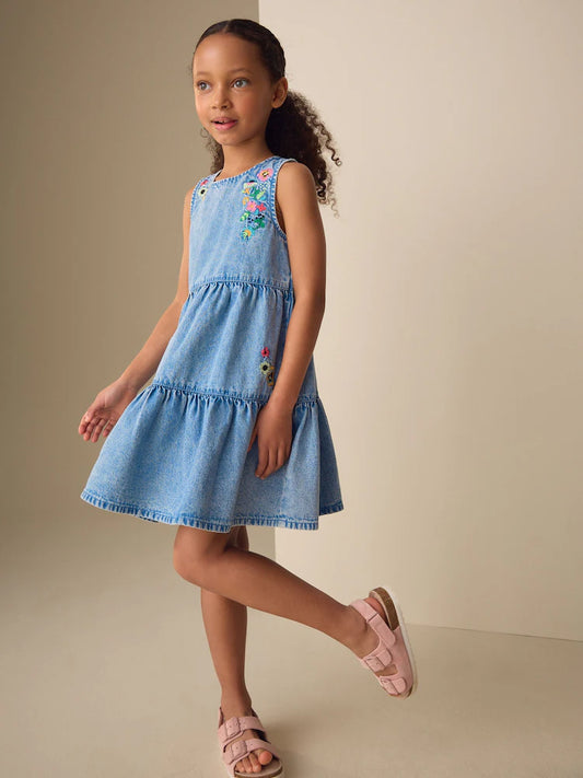 Blue Denim Embroidered Tiered Dress (3-16yrs)