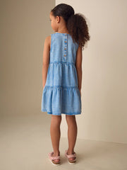 Blue Denim Embroidered Tiered Dress (3-16yrs)