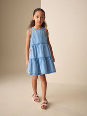 Blue Denim Embroidered Tiered Dress (3-16yrs)
