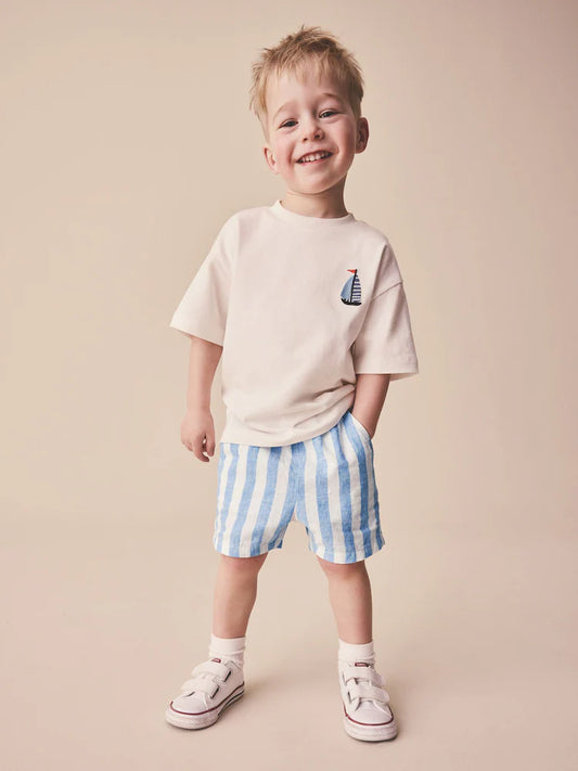 Blue Stripe Linen Blend Pull On Shorts (3mths-7yrs)