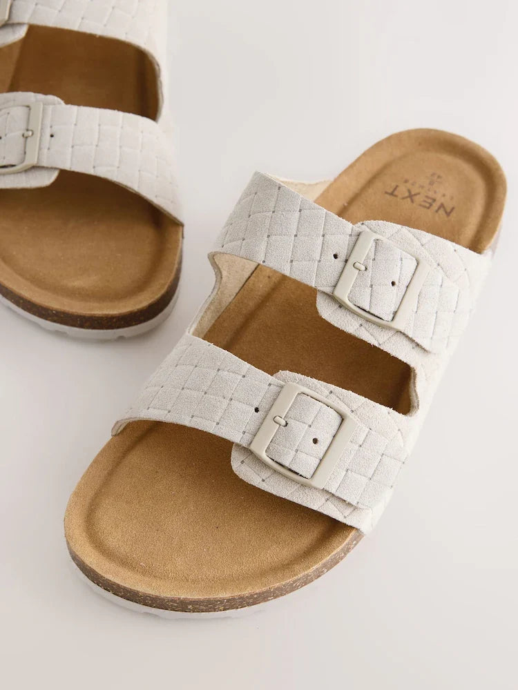Cream Weave Embossed Suede Two Buckle Sandals