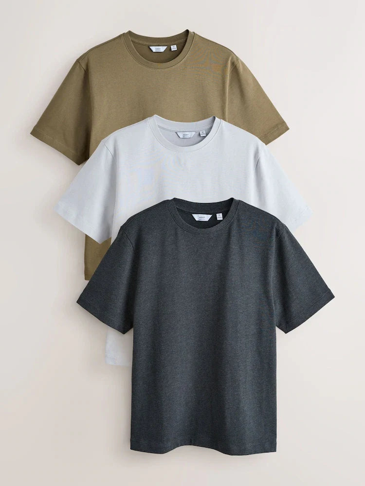 Grey Marl / Khaki Green / Light Blue Regular Fit T-Shirts 3 Pack